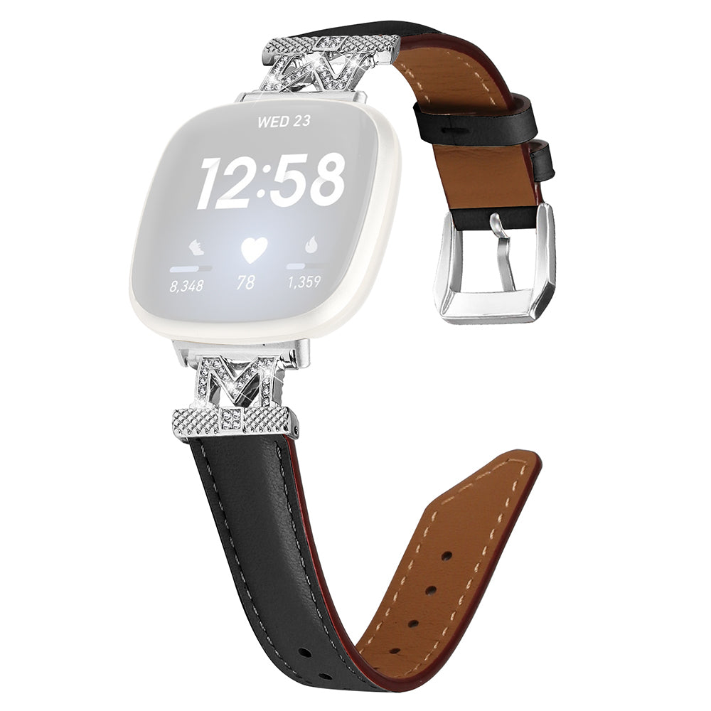For Fitbit Versa 3 Versa 4 Sense Sense 2 M Shape Rhinestone Decor Genuine Cowhide Leather Watch Strap with Silver Buckle For Fitbit Versa 3 Versa 4 Sense Sense 2 M Shape Rhinestone Decor Genuine Cowhide Leather Watch Strap with Silver Buckle